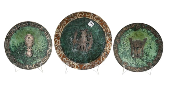 Three Graziella Laffi Attr. Silver/Copper Wall Plates - Peru, c. mid-20th century. Each patinated