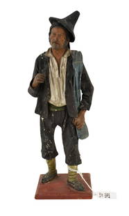 Neapolitan Papier Mache Pastori Creche Figure, C. 18th/19th Century - Italy, Naples. Polychrome: Neapolitan Papier Mache Pastori Creche Figure, C. 18th/19th Century - Italy, Naples. Polychrome papier mâché pastori creche figure depicting a man in medieval attire with poulaines, a conical brimme