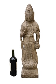 Large Chinese Carve Stone Sculpture of Guanyin - Carved depicting the standing bodhisattva on a