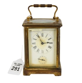 Antique French Brass Carriage Clock, C. Early 20th Century - Brass case, beveled glass sides and