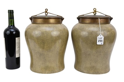 Pair Chinese Shagreen Porcelain Bronze Warrior Jars - A pair of glazed porcelain jars with brown