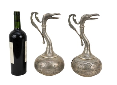 Pair of Persian Silver Bird-Form Jugs, C. Early 20th Century - Long zoomorphic neck ending in the