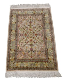 Silk tight weave rug / carpet with fringe, beige pink greens.