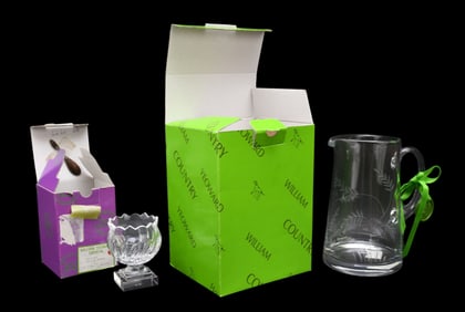 2 William Yeoward Glass Pieces, Salt Cellar with Wooden Spoon in Original Box (5"h x 3 3/4" square