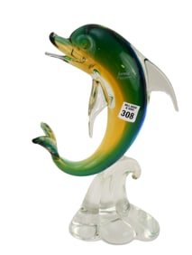 Murano Art Glass Dolphin Riding Wave, Formia, Blue, Green & Yellow, 13"h 9"w