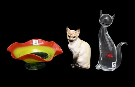 2 Pieces Art Glass, Murano Italy Formia Cat with Goldfish (10 1/2"h) & Freeform Bowl with Orange,