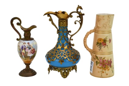 3 Miniature Objects d'Art, Opaline Ewer with Gilt Metal Overlay, Pitcher with Enameling Design AND