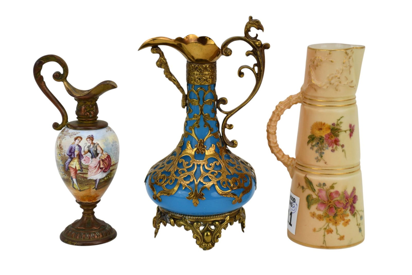 3 Miniature Objects d'Art, Opaline Ewer with Gilt Metal Overlay, Pitcher with Enameling Design AND (1 of 4)