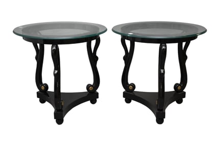 Pair Black Lacquer Side Tables with Swan Neck Supports on Trifed Bases 25" h x 26 d