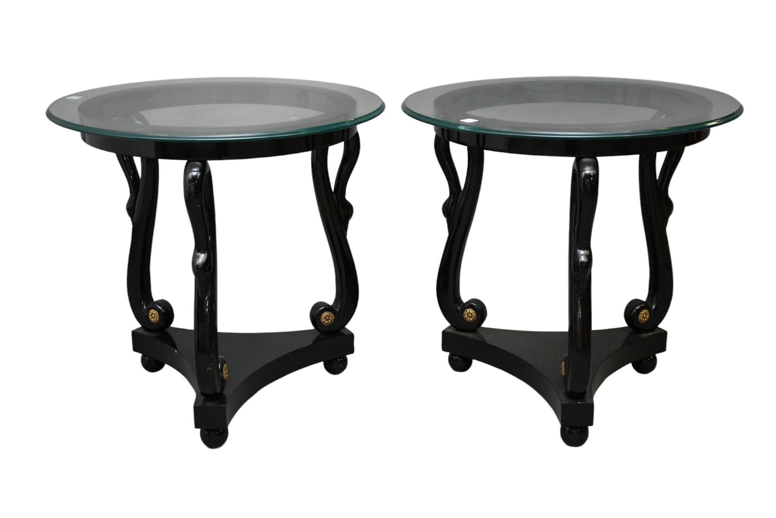 Pair Black Lacquer Side Tables with Swan Neck Supports on Trifed Bases 25" h x 26 d (1 of 5)