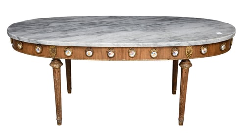 Oval Coffee Table, Gray Marble Top Over Porcelain Medallions Surrounding Apron, 18"h x