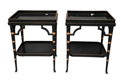 Pair Black Side Tables, Gold Accents with Removeable Tray Top, 24"h x 20"w x