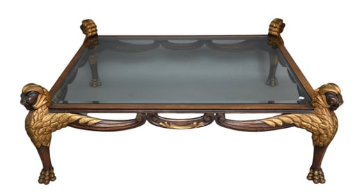 Coffee Table, Giltwood Mythological Supports with Fitted Glass Top & Drape Design, 20"h Table Top x