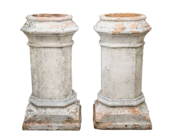 Pair Terracotta Vintage Garden Architectural Pedestals, Impressed W. S. Dickey, Macon, 31"h x 12"dia