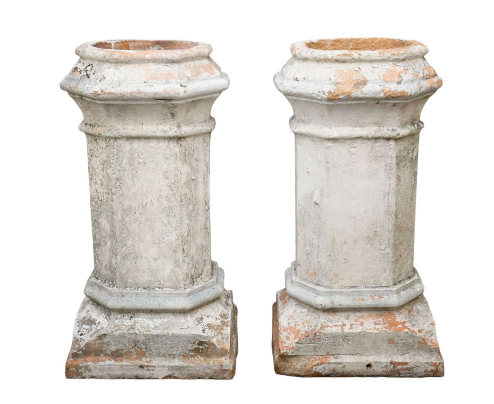 Pair Terracotta Vintage Garden Architectural Pedestals, Impressed W. S. Dickey, Macon, 31"h x 12"dia (1 of 6)