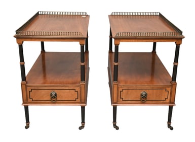 Pair Mahogany Side Tables with Reticulated Galleries, Single Drawers at Lower Shelves, 26"H x 28"w x