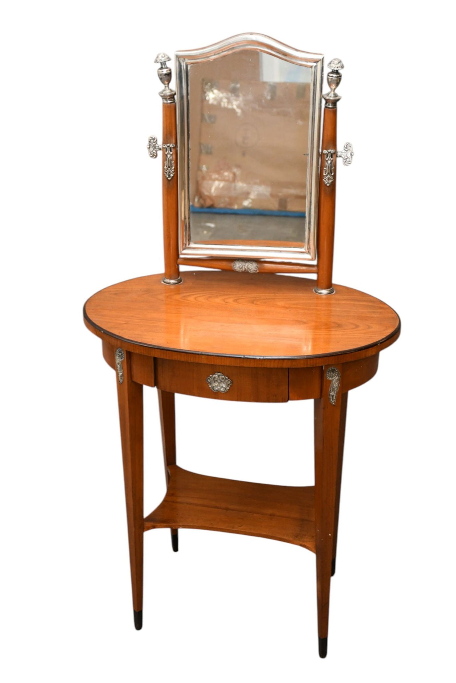 Shaving Stand, Oval Top with Swivel Mirror, Silver Fittings Over Single Drawer & Lower Shelf, 51"H x (1 of 5)