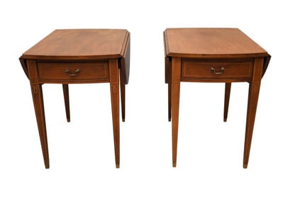 Pair Mahogany Drop Leaf Side Tables, Painted String Inlay, 25"h x 28"w x