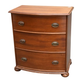 Mahogany Bowed Front 3 Drawer Chest, Label 1938, 27"H x 24"w x 15"d***If this item is not picked up