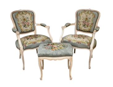 Pair White French Provincial Framed Needlepoint Armchairs with One Footstool 34" h x 21"w x 22"