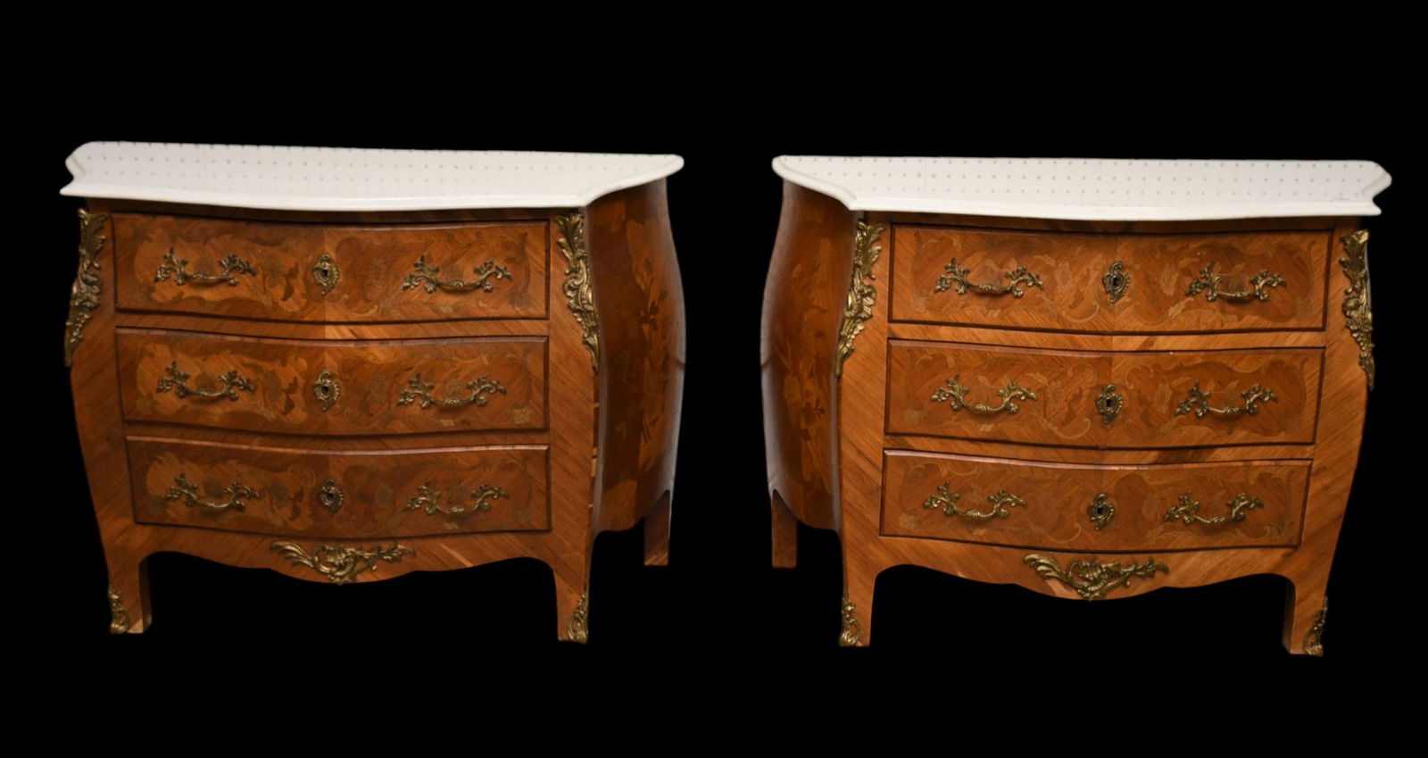 Pair 3 Drawer Bombay Style Marquetry Chests, Conforming White Marble Tops, 28"H x 38"w x (1 of 10)
