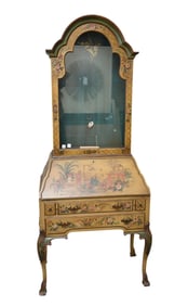 Painted Secretary, Circa 1930's, Asian Motif, Single Door Above Drop Front Fitted Interior Over 2