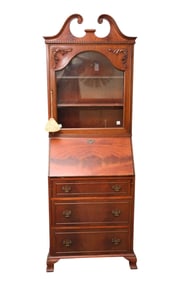 Mahogany Secretary, Circa 1930's, Broken Arch Pediment Over Single Glass Door Over Drop Front with