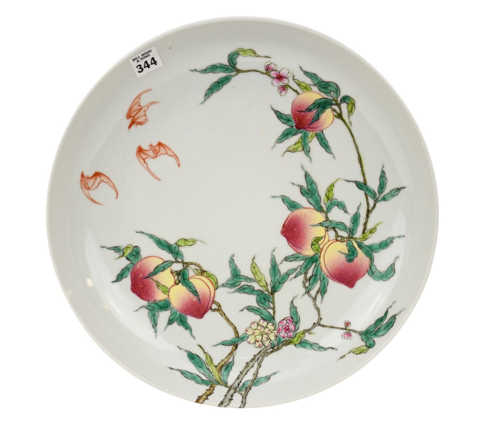 Chinese Famille Rose Porcelain Charger, Peach Motif - A shallow porcelain bowl decorated with: Chinese Famille Rose Porcelain Charger, Peach Motif - A shallow porcelain bowl decorated with famille rose enamels on a white ground. Featuring leafy peach tree branches and fruit, with butterflies. S
