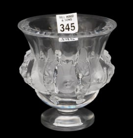 Lalique Dampierre Vase, Decorated with Carved Birds in Satin Crystal Signed. Size 4.5" x 5" In great