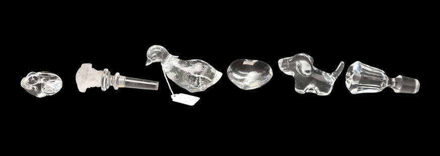 Crystal Figurine Lot Baccarat, Steuben, Rosenthal. Baccarat Heart, duck and dog. Steuben frog,: Crystal Figurine Lot Baccarat, Steuben, Rosenthal. Baccarat Heart, duck and dog. Steuben frog, Rosenthal Versace Medusa head Bottle stopper (has a few chips on end of tip) and an unsigned bottle stopp