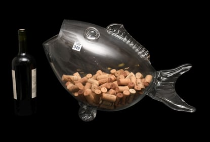 Large Decorative Glass Fish Sculpture Containing Assorted Wine Corks, unmarked, possibly Blenko,