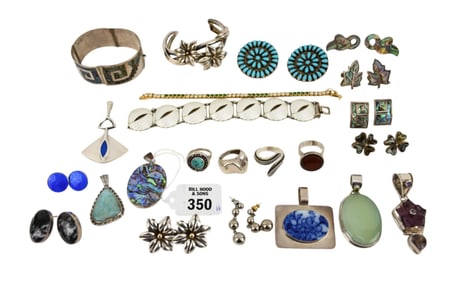 Sterling Silver jewelry Lot. Bracelets, Earrings, Pendants, Rings. Some signed. Wt. 344 grams.