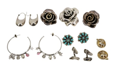 Sterling Silver Jewelry Lot. Earrings, cufflinks and Brooch some signed. Wt. 132.3 grams Rose