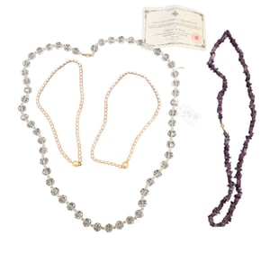 Necklace Lot. (2) 16"Camrose & Kross pearl necklace, 40" crystal necklace and 30" amethyst necklace.