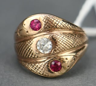 10K Yellow Gold triple Snake Ring. Size 9.75, Wt 10.9 grams. The stones are synthetic