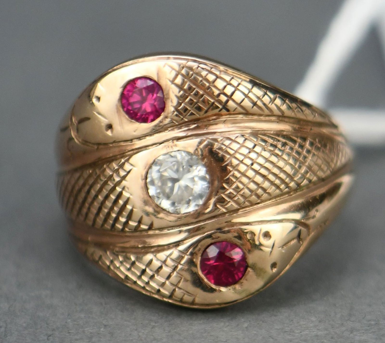 10K Yellow Gold triple Snake Ring. Size 9.75, Wt 10.9 grams. The stones are synthetic (1 of 5)