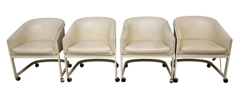 4 Vintage Milo Baughman Club Chairs with Metal Frames on Castors, Cream Color Leather 29" h x 23"w x: 4 Vintage Milo Baughman Club Chairs with Metal Frames on Castors, Cream Color Leather 29" h x 23"w x 28" d (leather is worn & needs cleaning) ***If this item is not picked up by the Friday following t