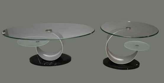 2 Abstract Base Tables with Attached Glass Tops, Coffee Table (16"h x 46"w x 26"d) AND Side Table