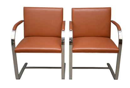 Pair Vintage Ludwig Mies Van der Rohe Style Leather & Chrome Armchairs by Brueton, Clay Color