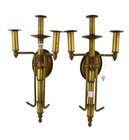 Pair Brass Double Branch Wall Sconces, 20"h x 8"w