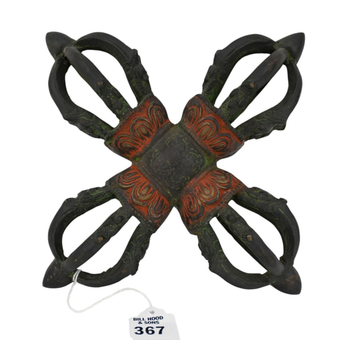 Bronze Tibetan Buddhist double Vajra, 9"h x 9"w: Bronze Tibetan Buddhist double Vajra, 9"h x 9"w