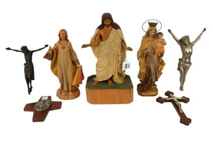 7 Religious Pcs, 4 Crucifix & 2 Composition Statues, One Wood, 15"h x 8 1/2"w tallest