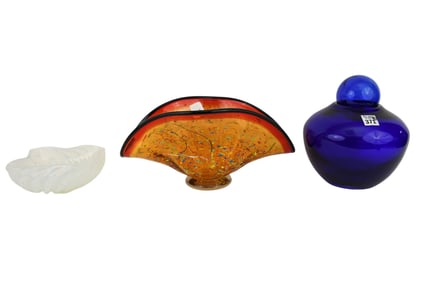 3 Murano Art Glass Tableware's, Fan Style Bowl (6"h x 13"w) & Blue Jar (9"h x 7"w)