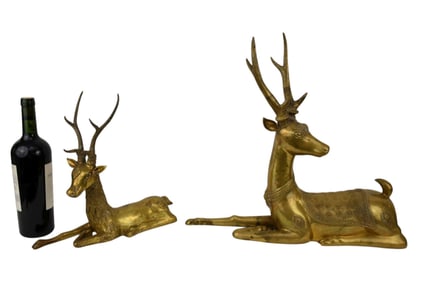 2 Brass Reclining Decorative Deer, 18"h x 20"w largest