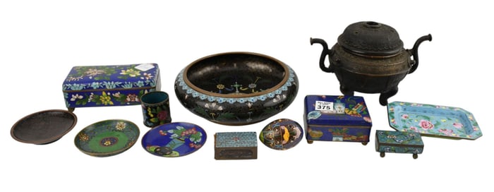 Lot Antique Cloisonne, Tableware's AND Bronze Incense Burner, 5 1/2"h tallest, 8"widest