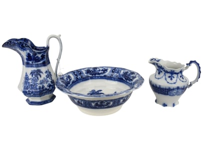Ironstone 19th c. Flo Blue Assorted English Chinaware, Pitchers & Bowl Marked Kyber, 12"h x 10"w