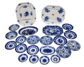 Ironstone 19th c. Flo Blue Assorted Patterns, Chinaware, 18" x 16"