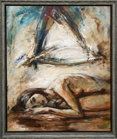 Large oil on canvas lady resting Coolio, 55 x 46 inches overall canvas size 41 x 50 inches