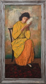 Young lady in a yellow blouse with a seashell signed H Killian, oil on canvas 48 x 24 inches.