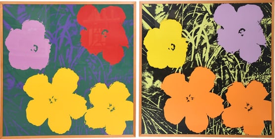 2 Andy Warhol flower prints, overall frame size 37 x 37 inches.